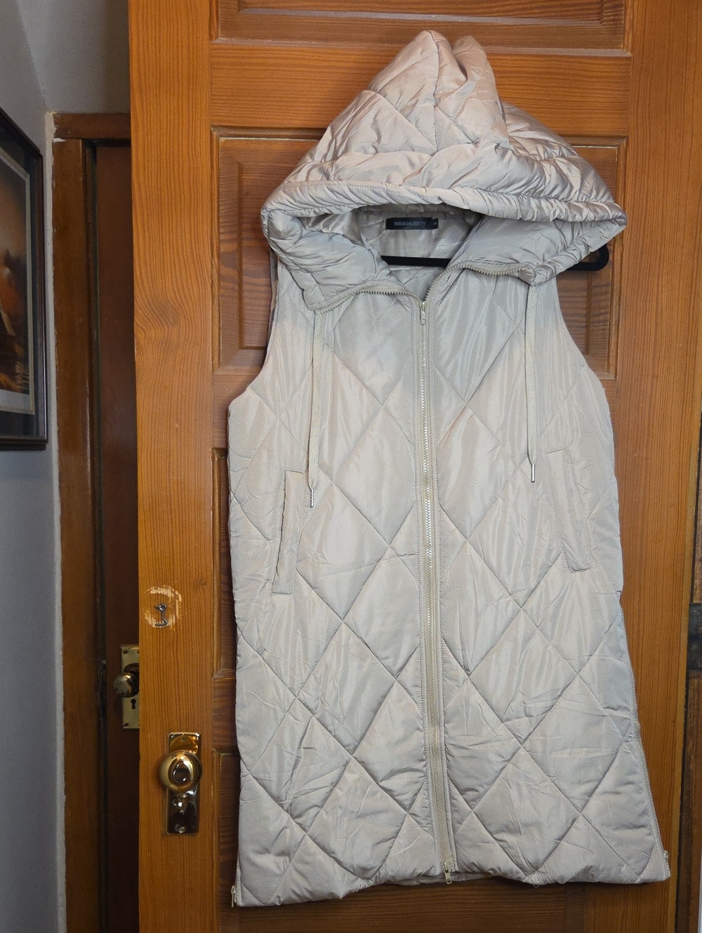Quilted Hooded Sleeveless Vest in Tan Perfect Transition Piece